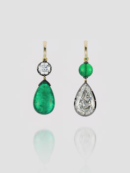 Asymmetric Cabochon Emerald & Pear-Shaped Diamond Hoop Earrings