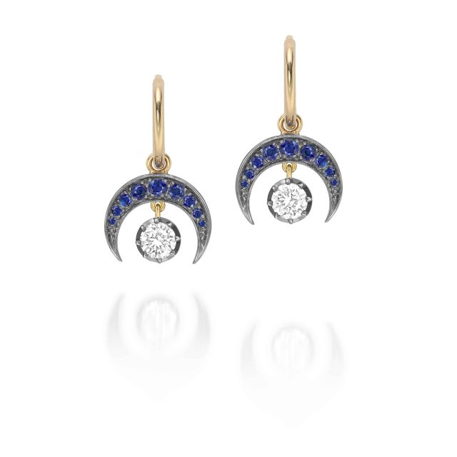 Sapphire & Blackened Gold Crescent Moon Gypset Hoop Earrings