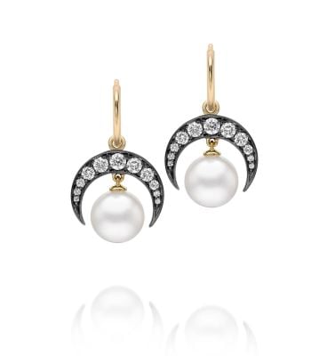 Signature Diamond & Pearl Crescent Moon Gypset Hoop Earrings