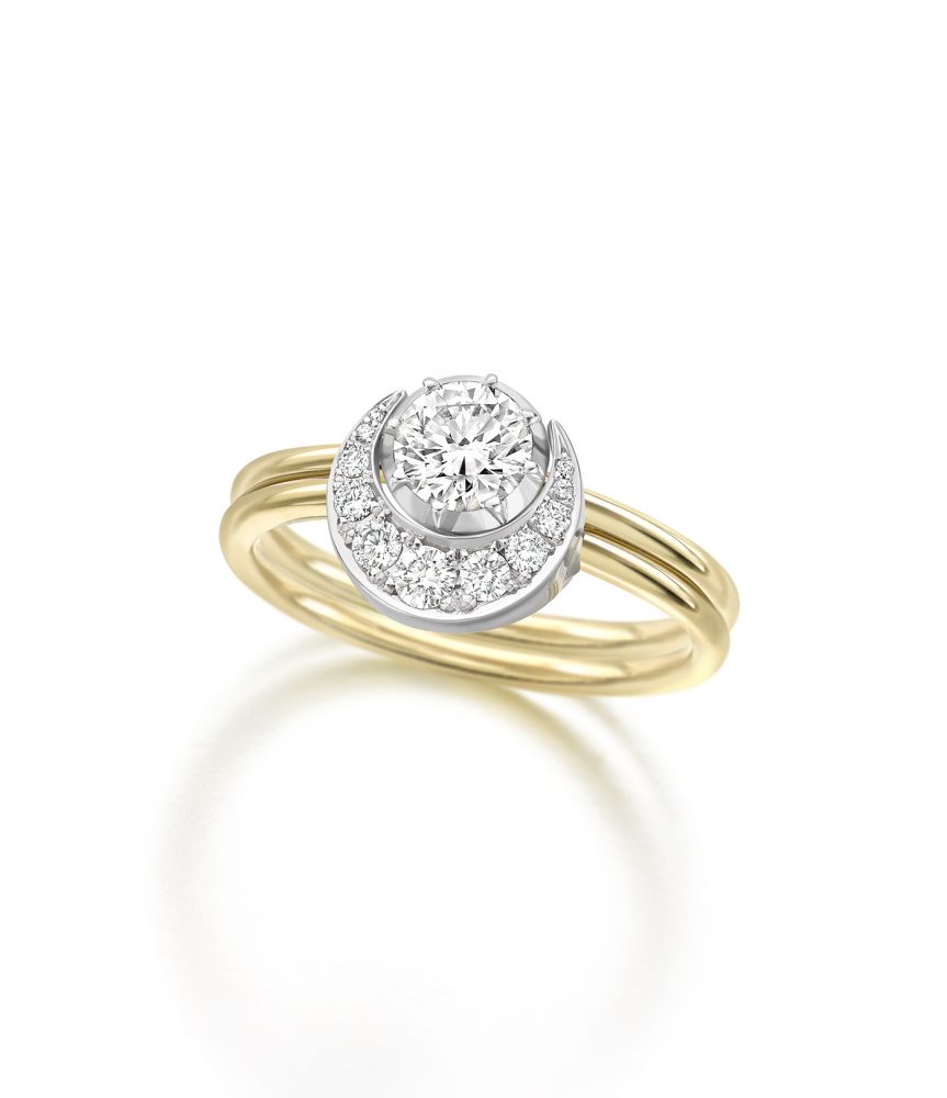 Signature Diamond Button Back Ring with Crescent Moon Party Jacket Ring
