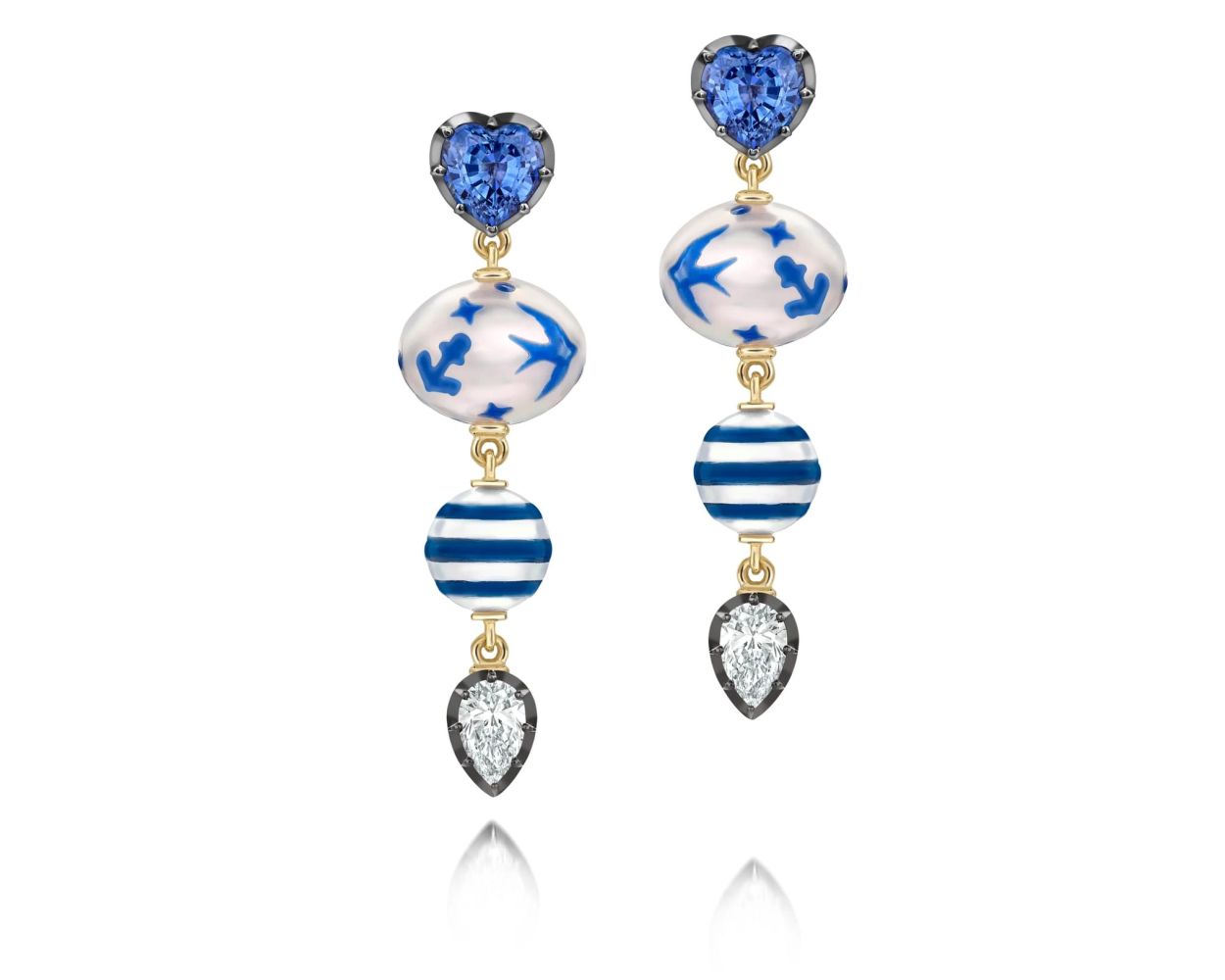 Hello Sailor Double Pearl, Diamond & Sapphire Earrings